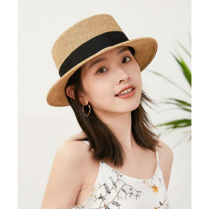 Nón nữ đi biển đẹp vành nhỏ mũ cói chống nắng UV nơ đen panama Lh0917399527