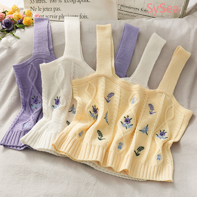 Áo Dệt Kim Hai Dây Thêu Họa Tiết Xinh Xắn Phong Cách Retro Cho Nữ