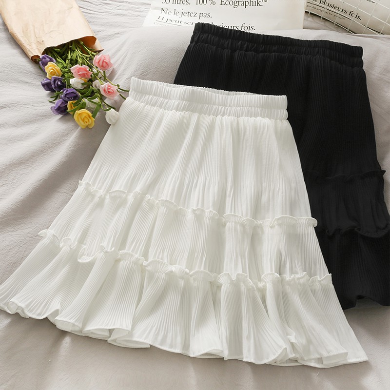 Chân váy ngắn 2 tầng xếp ly bồng bềnh ulzzang hai màu đen, trắng, chân váy ngắn 2 lớp vải voan