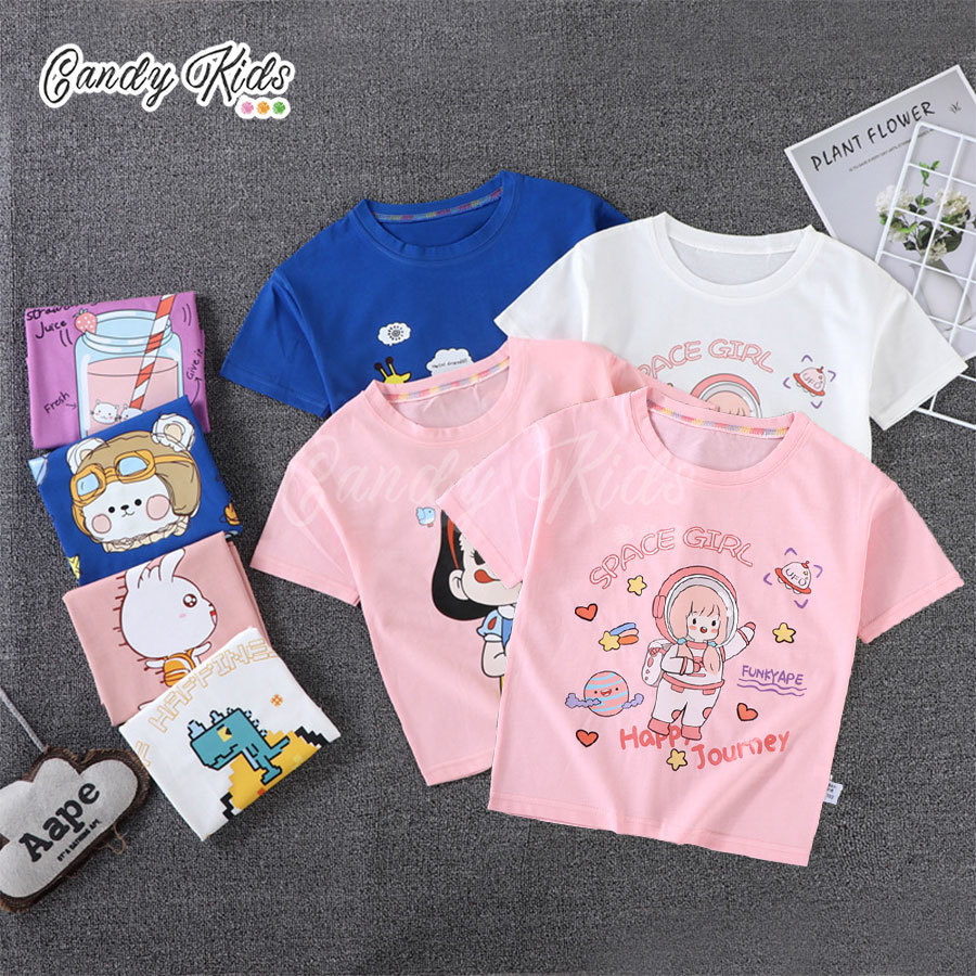Áo Thun Cotton Tay Ngắn In Họa Tiết Hoạt Hình Xinh Xắn Cho Bé 3-12 Tuổi