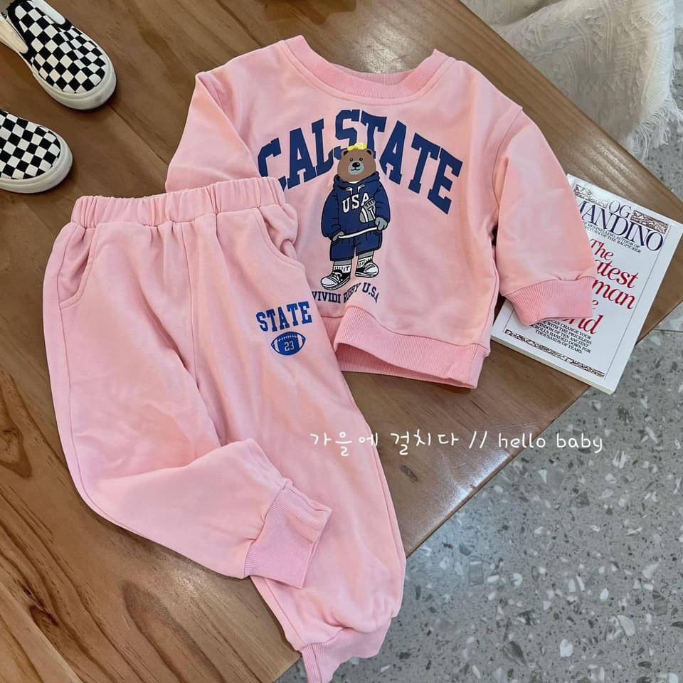 Bộ quần áo thu đông bé trai, bé gái, bộ nỉ dài tay họa tiết gấu CALSTATE cho bé