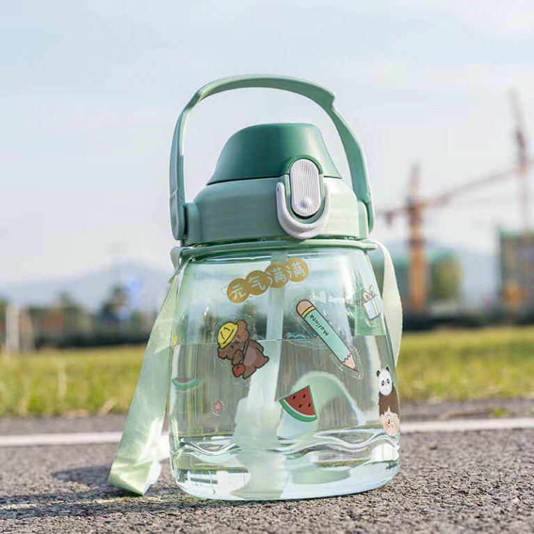 Bình Nước 1300ml Trong xuốtFREESHIPDung Tích 1.3 lít Kèm Dây Đeo Và Sticker Đáng Yêu