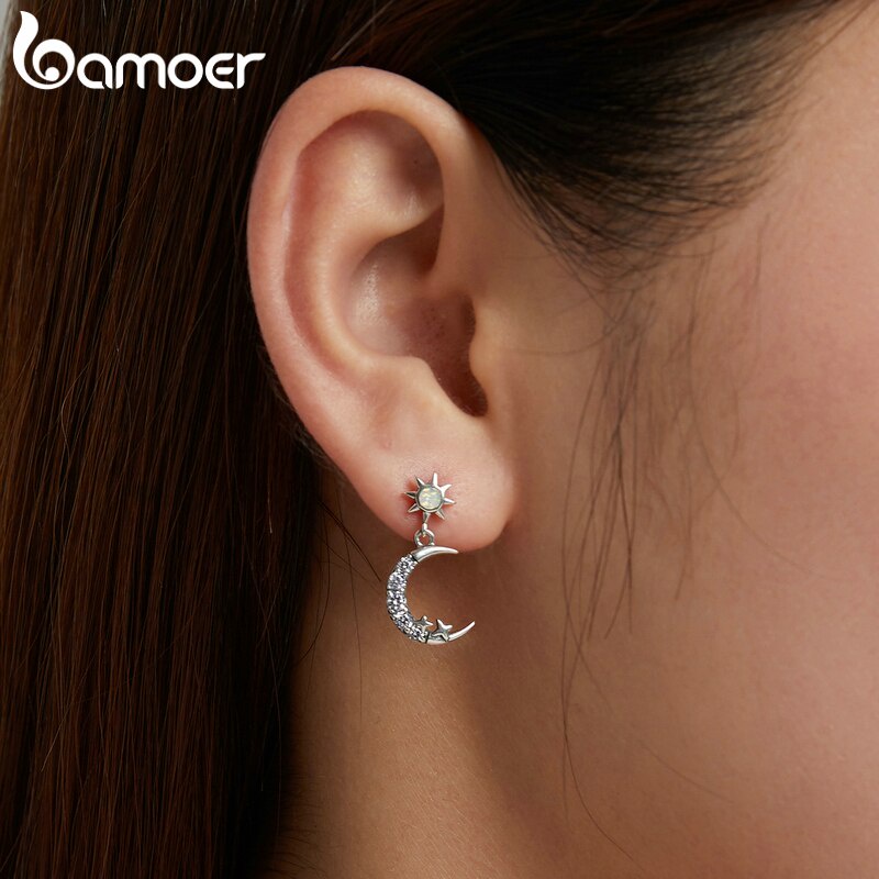 Khuyên tai Bamoer SCE1239 bằng bạc 925 không gây dị ứng hình ngôi sao và mặt trăng thời trang cho nữ