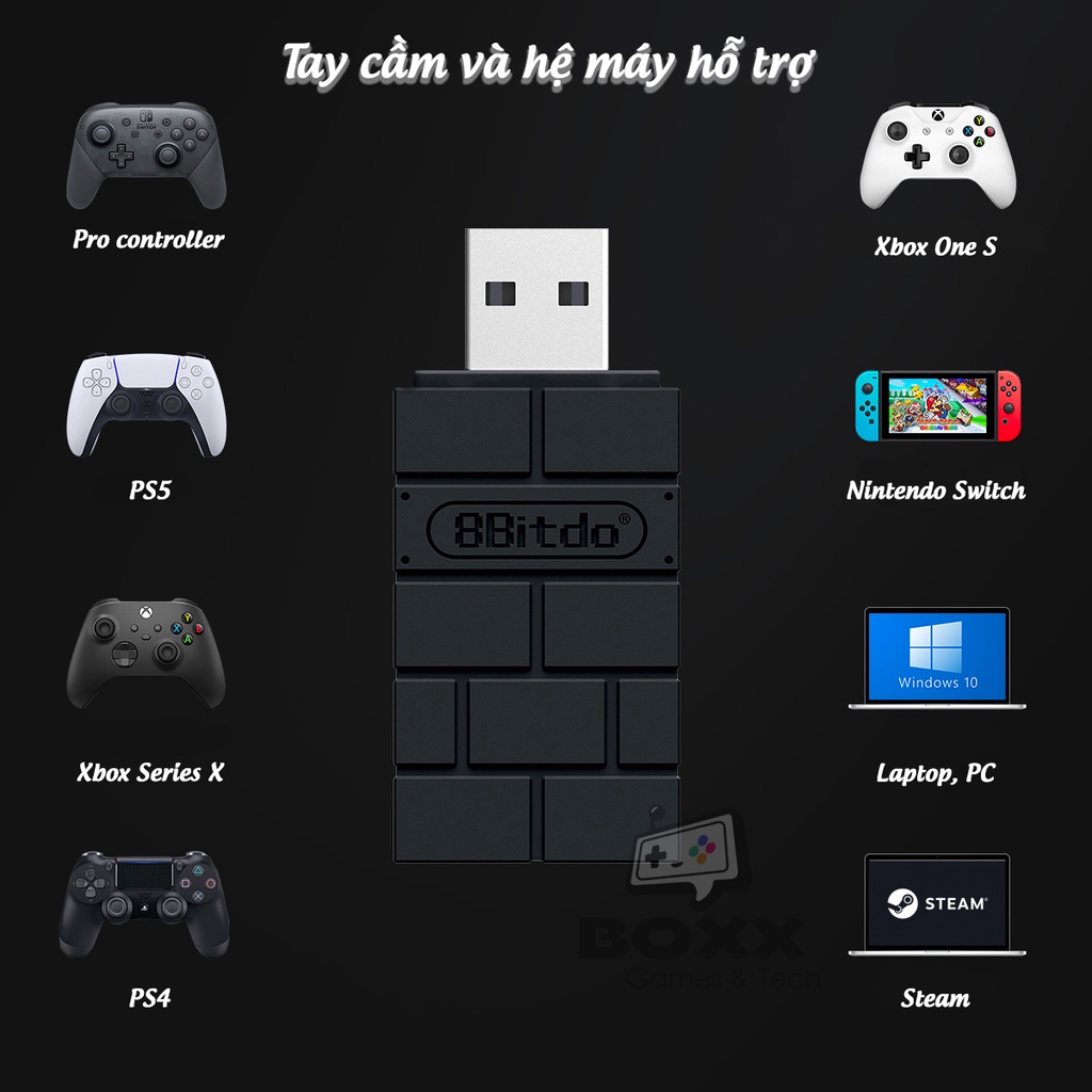 8BitDo USB Wireless Adapter 2 - Dùng cho Nintendo Switch, Windows, Mac, Xbox, PS4