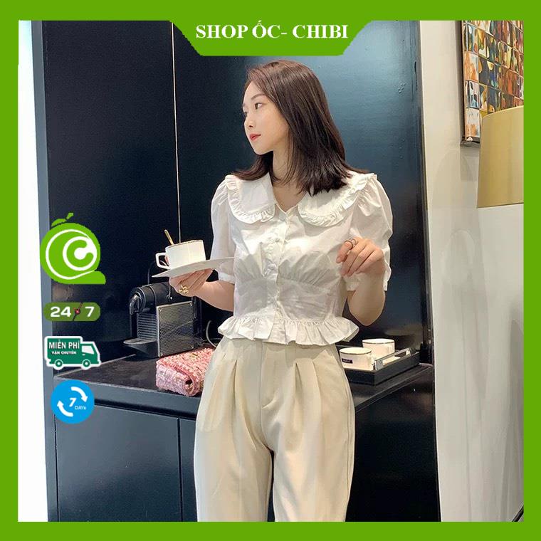Áo sơ mi trắng nữ cổ bèo bo eo tay bồng nhẹ tiểu thư phong cách Hàn Quốc áo vải mềm mịn thoáng mát ShopỐcChibi