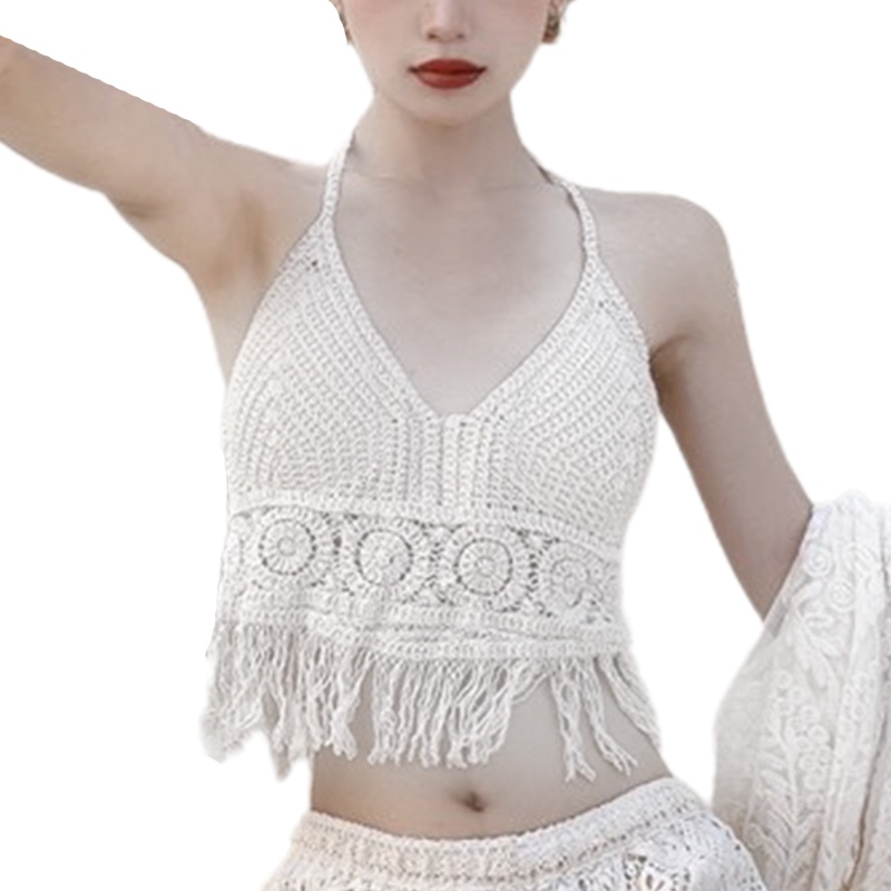 Brroa Áo Lót Bikini Đan Móc Phối Tua Rua Hở Lưng Phong Cách Boho Hàn Quốc Quyến Rũ Cho Nữ