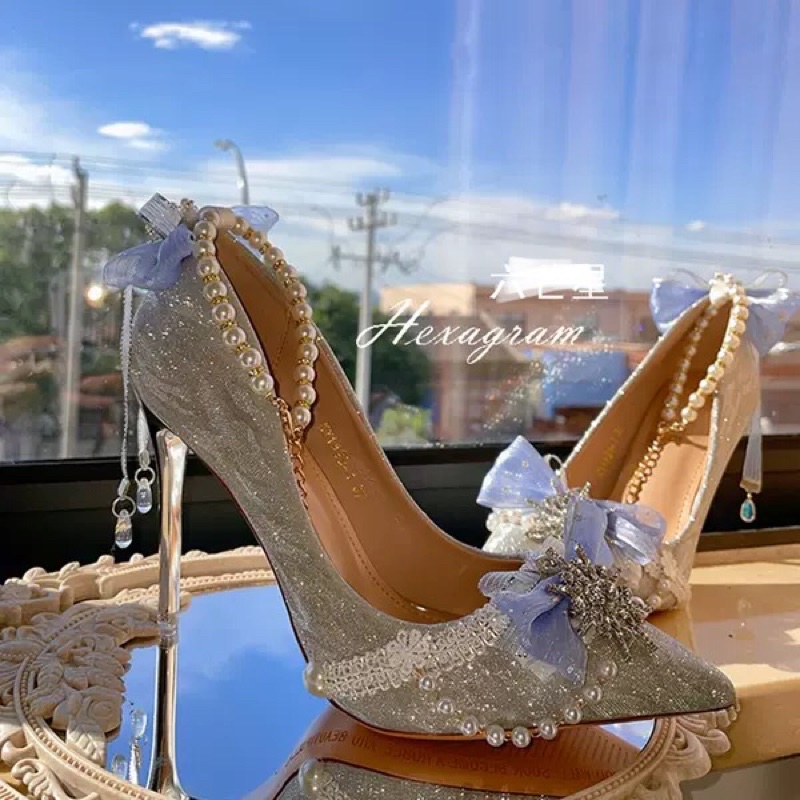 YASAS0104-Giày cao gót ánh nhũ mũi nhọn sao sáu cánh