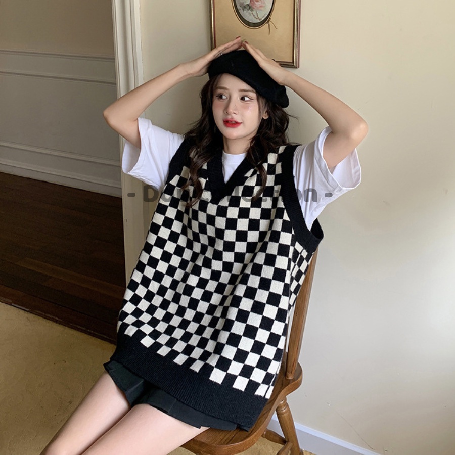 [Nowship2h] Áo gile Unisex họa tiết ô vuông vintage áo len không tay dáng xuông cá tính thời trang thu đông - mã TA010