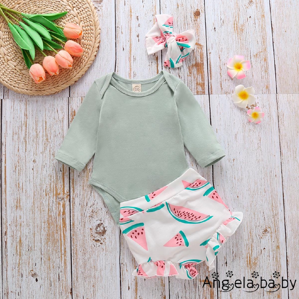 Set jumpsuit dài tay màu trơn + quần short lưng cao kèm băng đô thời trang cho bé gái