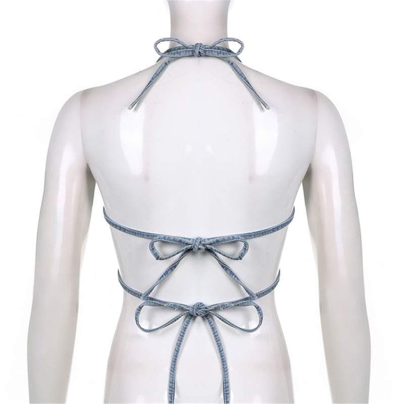 Áo Croptop Hai Dây Cột Dây Chất Liệu Denim Họa Tiết Bướm Thời Trang Cá Tính Cho Nữ