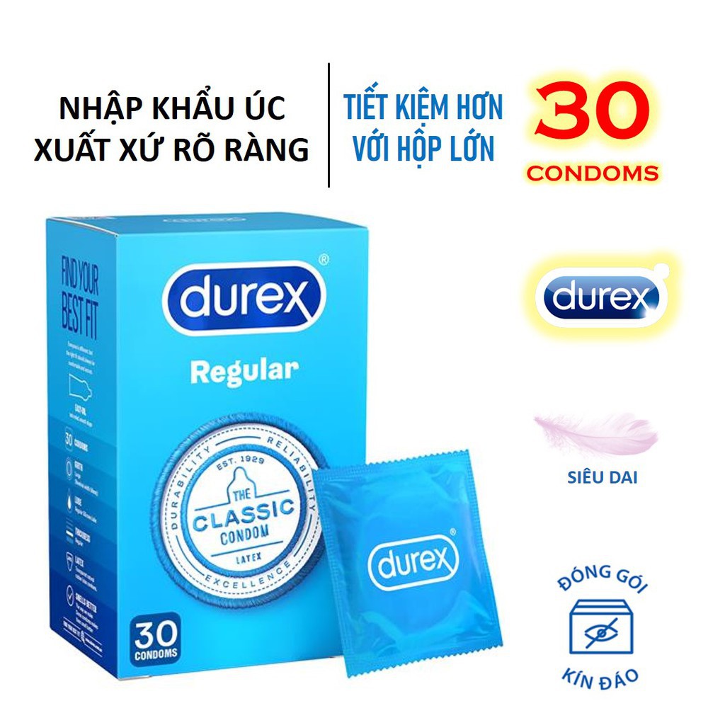 Bao Cao Su Durex Chính Hãng Úc, Bao Cao Su Durex Regular hộp 30 Cái