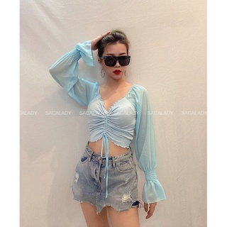 Áo croptop rút dây tay voan - 3476
