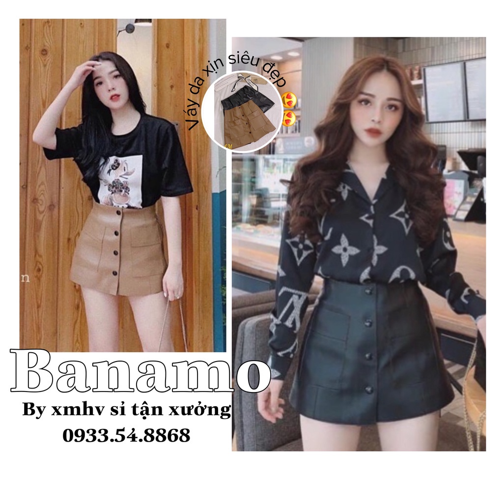 Quần váy da phối khuy 2 túi trước màu đen nâu thời trang Banamo Fashion 696