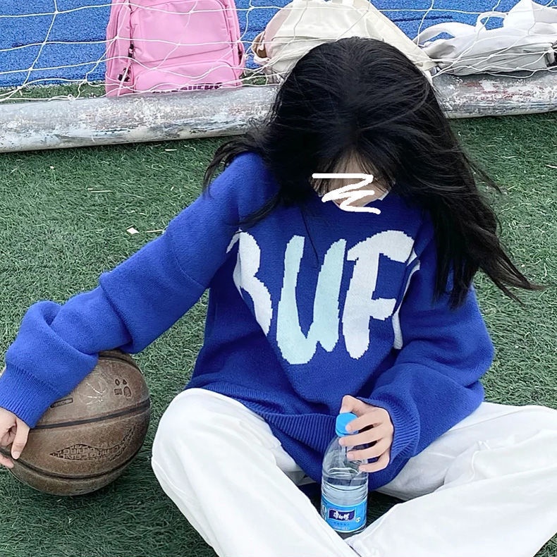 Áo Sweater dệt kim dày dặn dáng rộng in chữ màu xanh dương phong cách Hàn Quốc thời trang mùa đông cho nữ