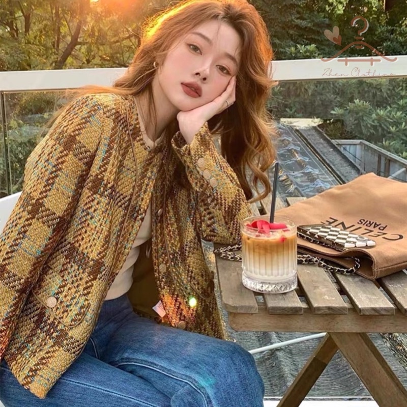 Áo khoác dạ tweed nữ màu nâu vàng mùa thu đông phong cách Hàn Quốc