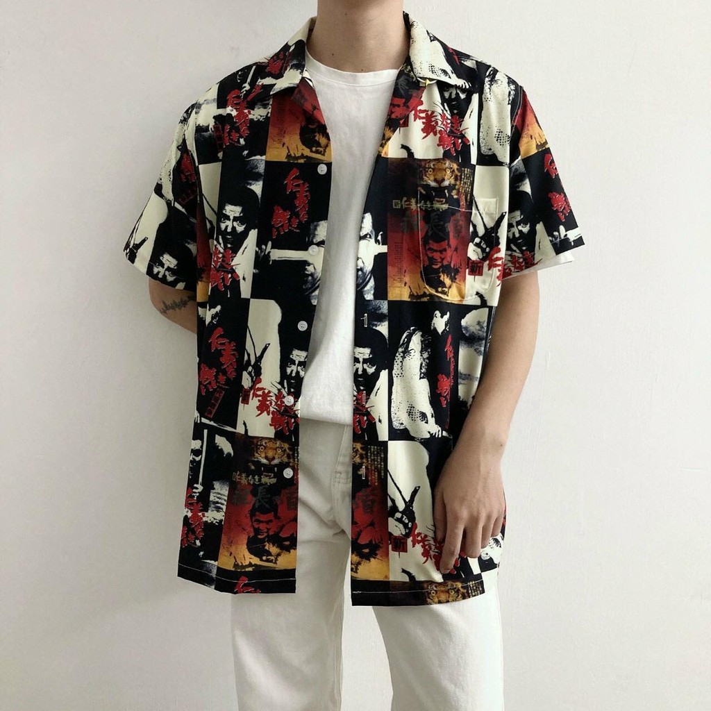 Áo sơ mi unisex chiffon tay ngắn in họa tiết chiến tranh cổ điển thời trang ngày thường cá tính vải mềm mịn thoải mái