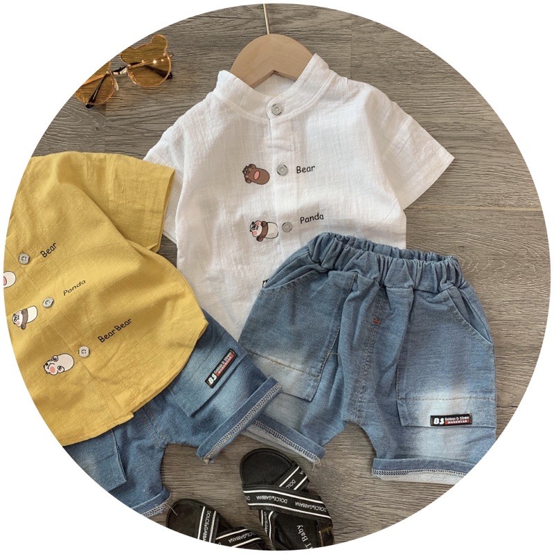 SET BÉ TRAI ÁO SM ĐŨI CỔ TÀU MIX QUẦN BÒ