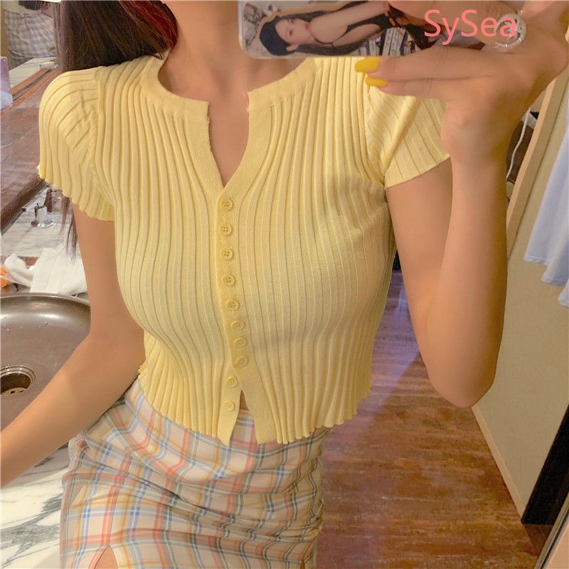 Áo croptop dệt kim tay ngắn màu sắc đơn giản thời trang mùa hè dành cho nữ