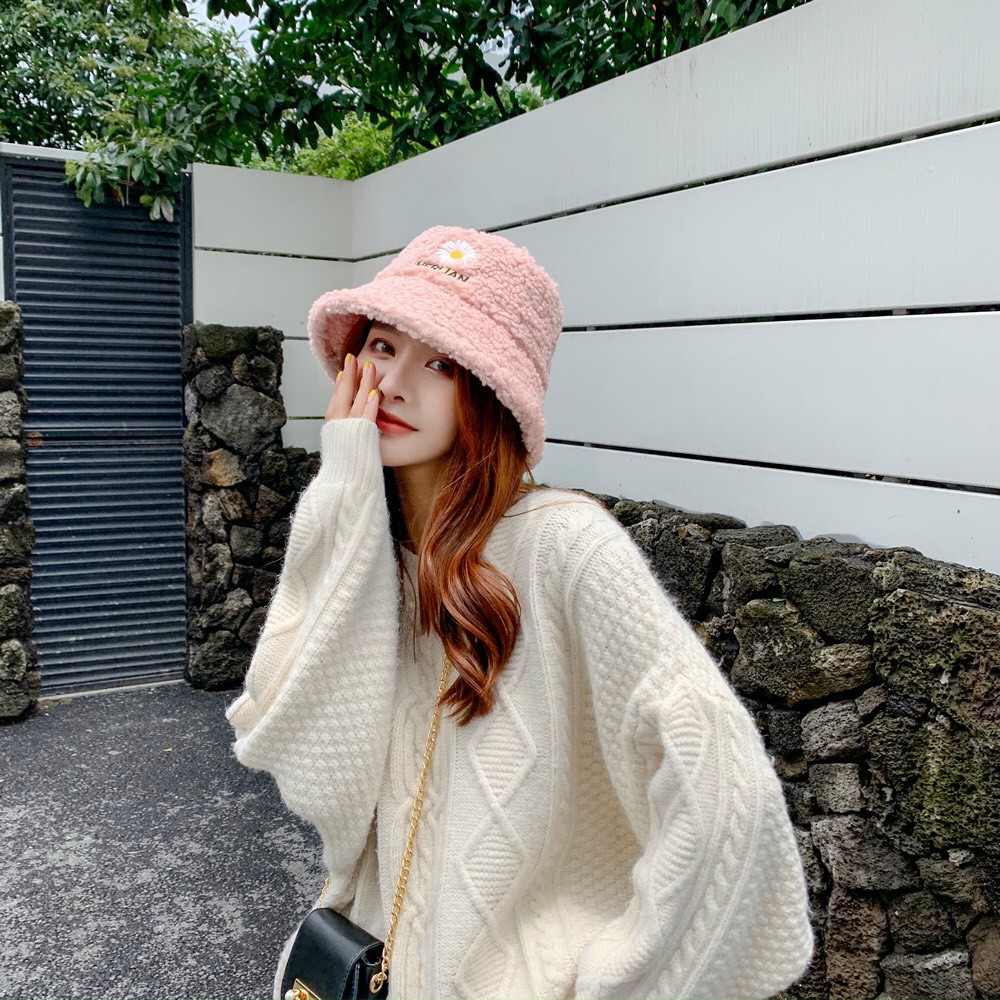 [SIÊU PHẨM] Mũ nón bucket lông cừu giữ ấm phong cách Hàn Quốc/Mũ len dày giữ ấm vào mùa đông cho nữ thêu hoa cúc 2021