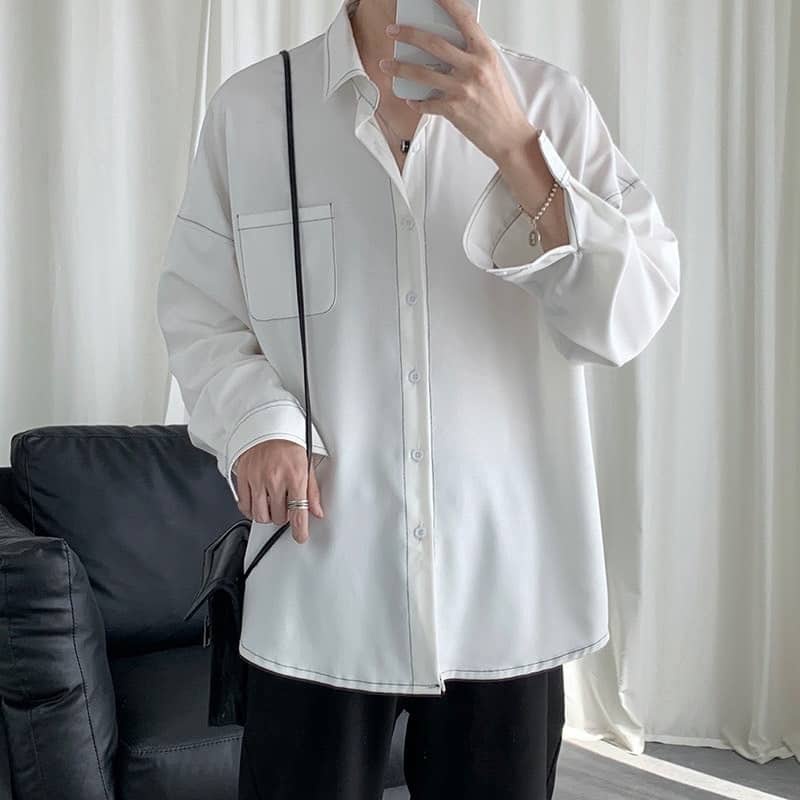 Sơmi Lụa tay dài CHỈ NỔI màu ĐEN/TRẮNG phong cách Ulzzang  Nam Nữ Uniex Áo Sơ mi form rộng Jaystoree2