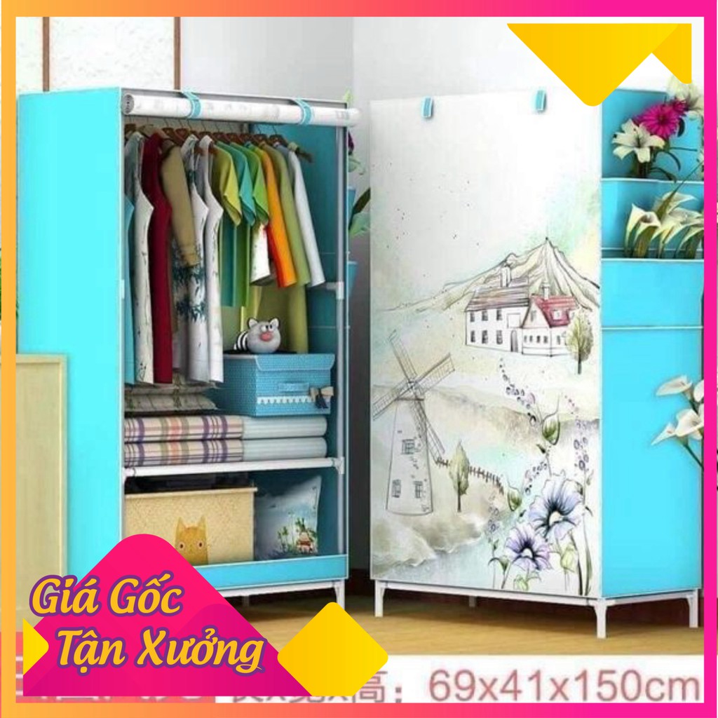 Tủ Vải Đựng Quần Áo 3D Cao Cấp 1 Buồng 2 ngăn Khung Sắt Cao Cấp Chống Gỉ