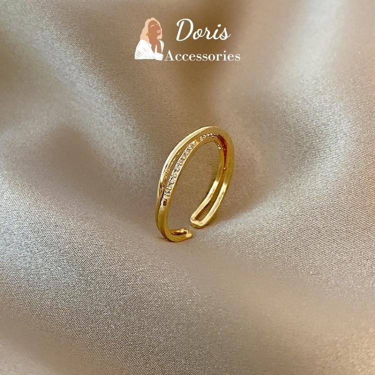 Nhẫn đeo tay nữ Doris titan mạ vàng dạng xoắn hở đính đá dáng mảnh phù hợp mọi size tay, không han gỉ, NT_N006