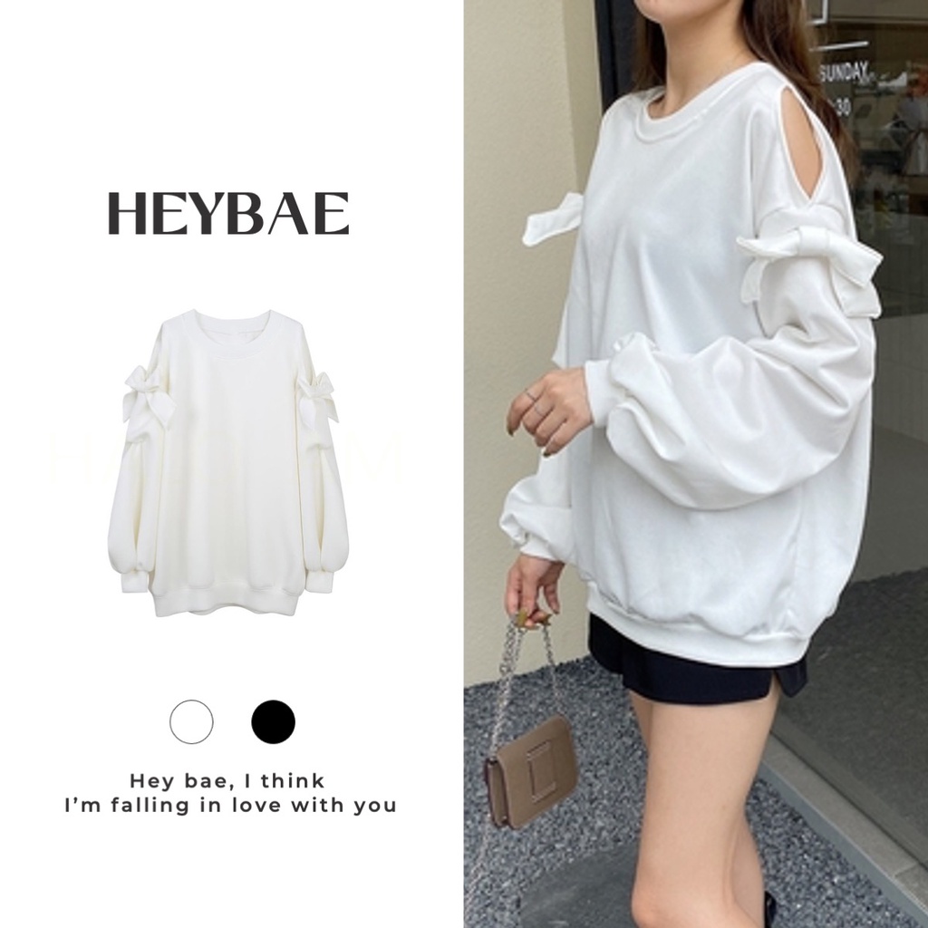 Áo sweater nỉ buộc nơ lộ vai Muse HEYBAE dáng rộng tay bồng đáng yêu áo nỉ siêu xinh mùa đông cho nữ AK019