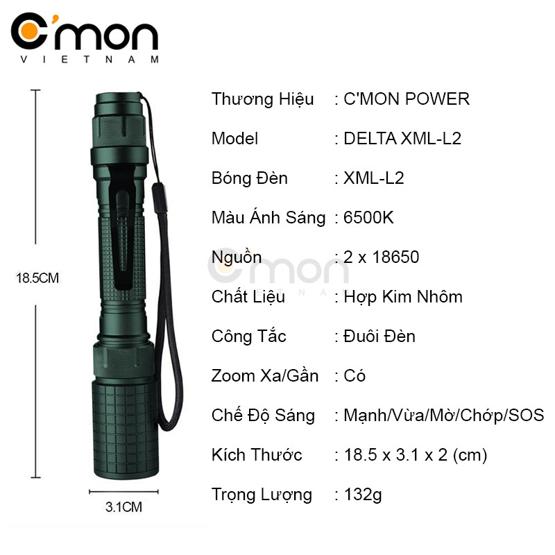 Bộ 1 đèn pin siêu sáng C'mon Power DELTA XML-L2 + 2 pin sạc + bộ sạc đôi nhanh USB 1A  (xanh dương)