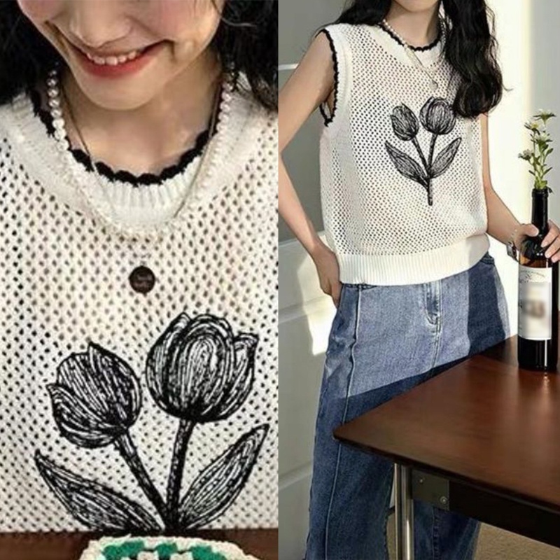 Áo Dệt Kim Sát Nách Cổ Tròn Dáng Rộng Thời Trang Mùa Hè Phong Cách Hàn Quốc Cho Nữ Fl