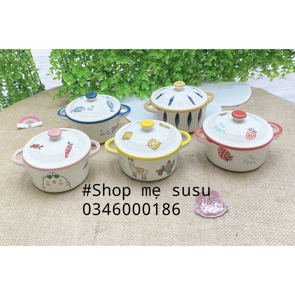 Bát sứ, chén sứ làm bánh flan, caramen cho bé ăn dặm,...hình nồi có nắp và tay cầm họa tiết xinh xắn 200ml