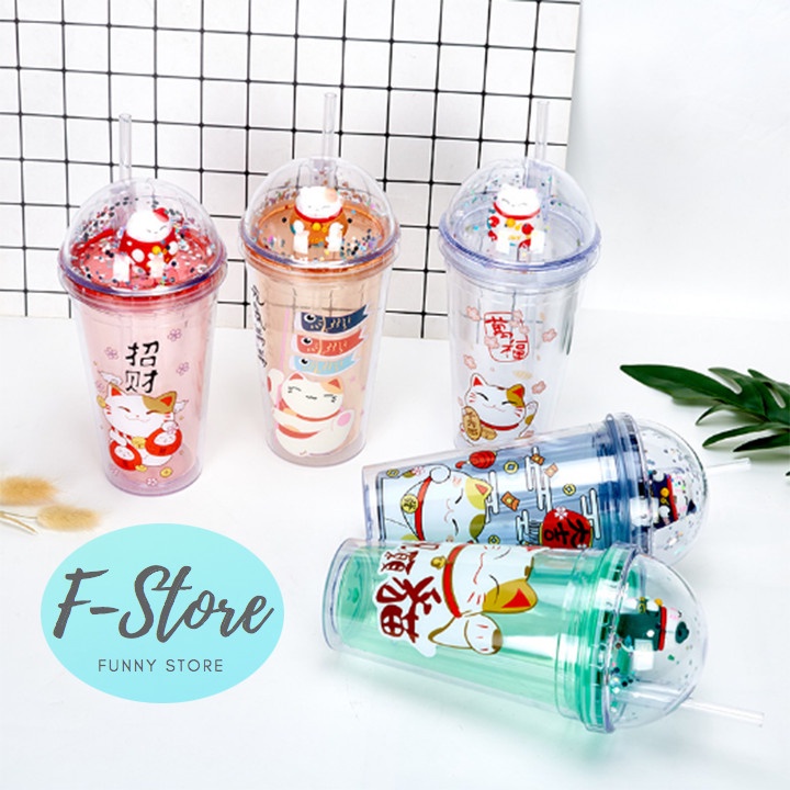 Ly giữ nhiệt mèo chiêu tài 3D siêu dễ thương (kèm ống hút) 450ml [MaiMaiHome]