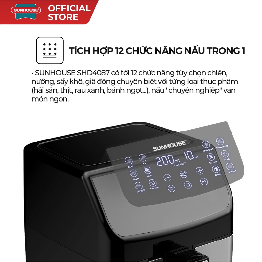 Nồi chiên không dầu 6L Sunhouse SHD4087 dung tích 6L | Đa chức năng 12 trong 1 | Cài đặt thời gian, nhiệt độ chính xác