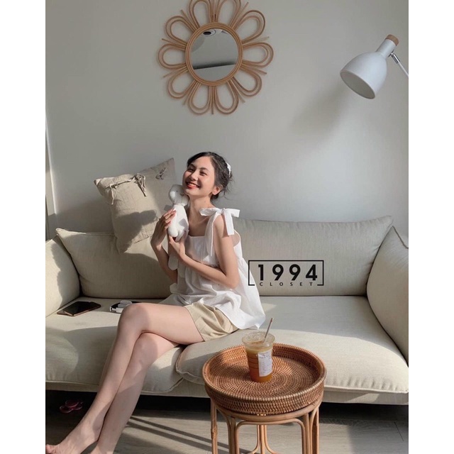 Set áo 2 dây babydoll đũi thô thắt nơ vai  Pea  Store