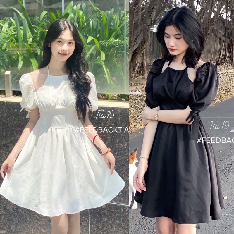 Váy tiểu thư voan cố yếm trễ vai dự tiệc sang chảnh - đầm xòe tầng tay lỡ tay bồng cột dây cổ yếm. MET SHOP