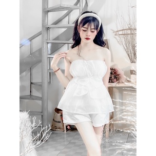 Set áo cúp ngực cột nơ phối quần short tafta