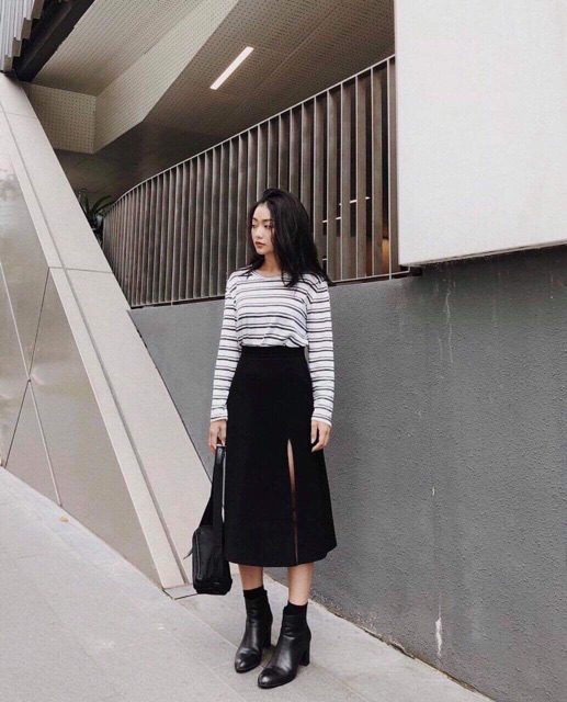 MIDI SKIRT - CHÂN VÁY ĐEN XẺ TÀ MỘT BÊN CỰC CHẤT