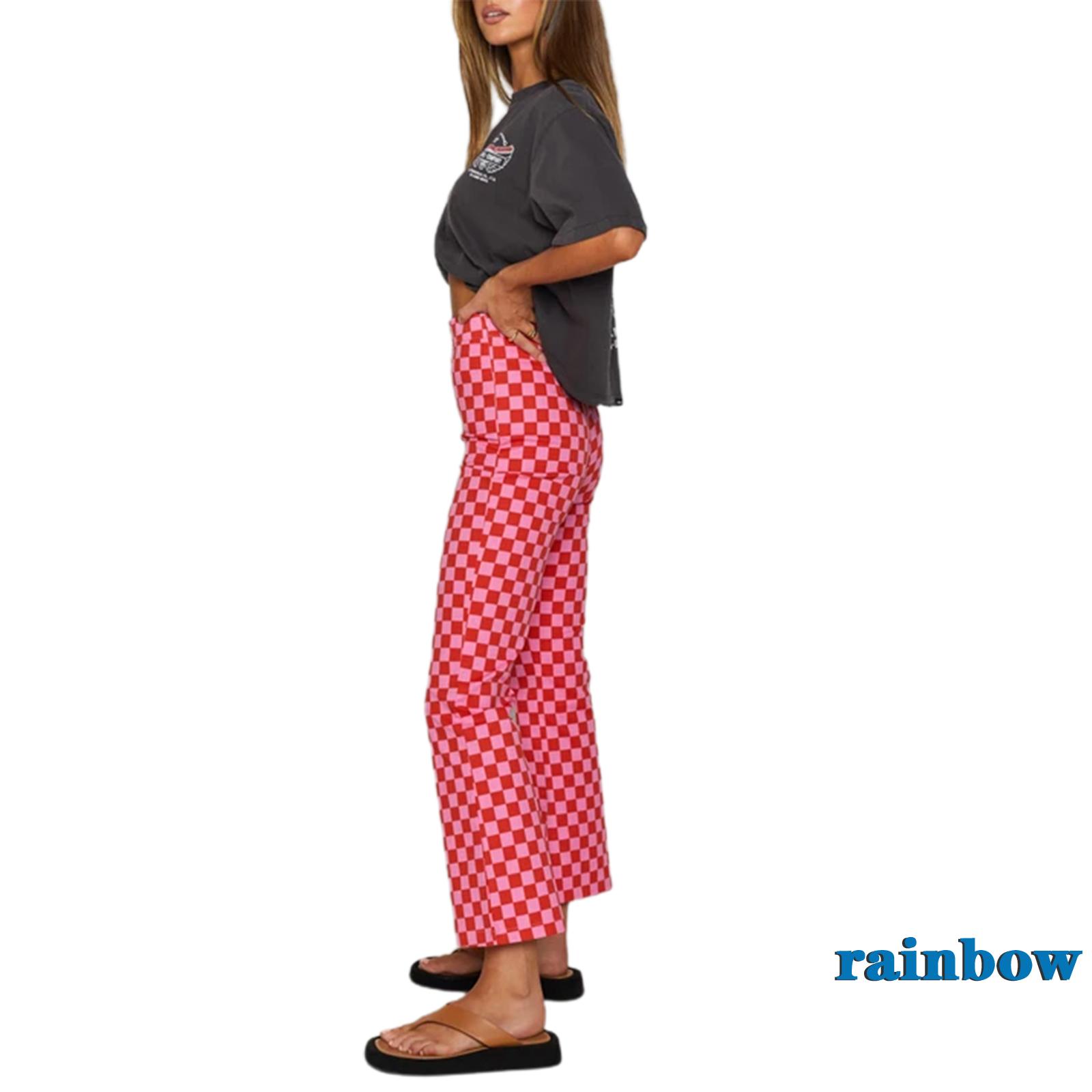 RAINBOW-Women Casual Skinny Pants, Classic High Waist Plaid Printed Slim Fit Flare Pants