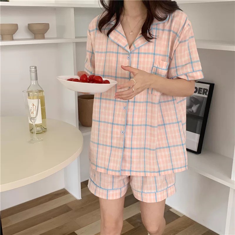 [CÓ SẴN] Đồ ngủ pijama kẻ caro hồng Hàn Quốc cộc tay dễ thương ullzang