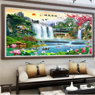 tranh thêu chữ thập phong cảnh non nước hữu tình kt 195x95cm