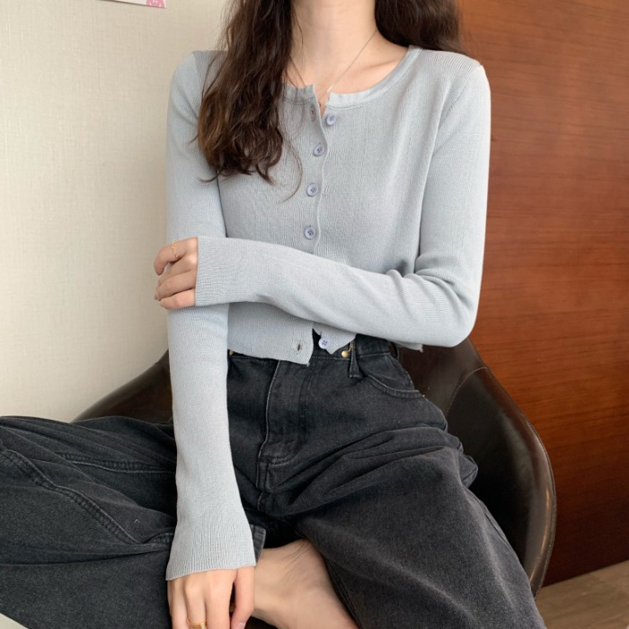 Áo Khoác Cardigan Len Mỏng Tay Dài Dáng Ngắn Phối Hàng Nút Màu Sắc Phong Cách Hàn Quốc Cho Nữ