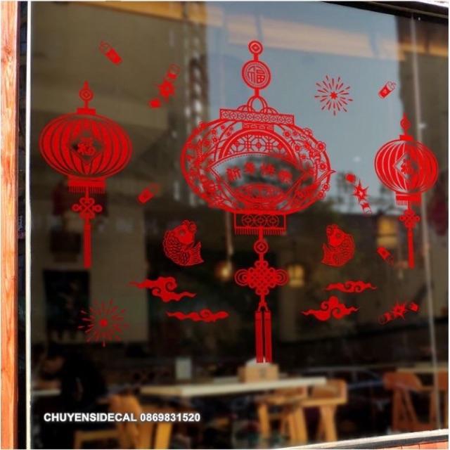 Decal dán Tết - Lồng đèn Quạt đỏ mới Tân Xuân