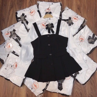 Set cặp áo sơ mi trắng yếm đen xoè kèm nơ