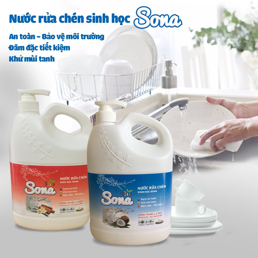 Dầu rửa bát siêu tốc, nước rửa chén bát sinh học Sona, Thành Phần Hữu Cơ 100% 1.6L Thân Thiện Với Môi Trường