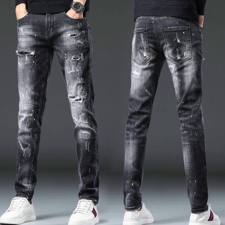 Quần jean nam cao cấp chất bò đẹp rách gối co giãn ống suông hàn quốc King168 AK09
