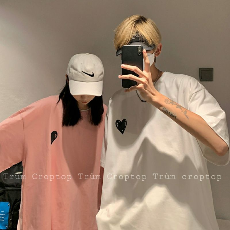 Áo Thun Cặp , Áo Đôi Nam Nữ Tay Lỡ In Hình Trái Tim Love 2 Màu Trắng Hồng Form Rộng Unisex
