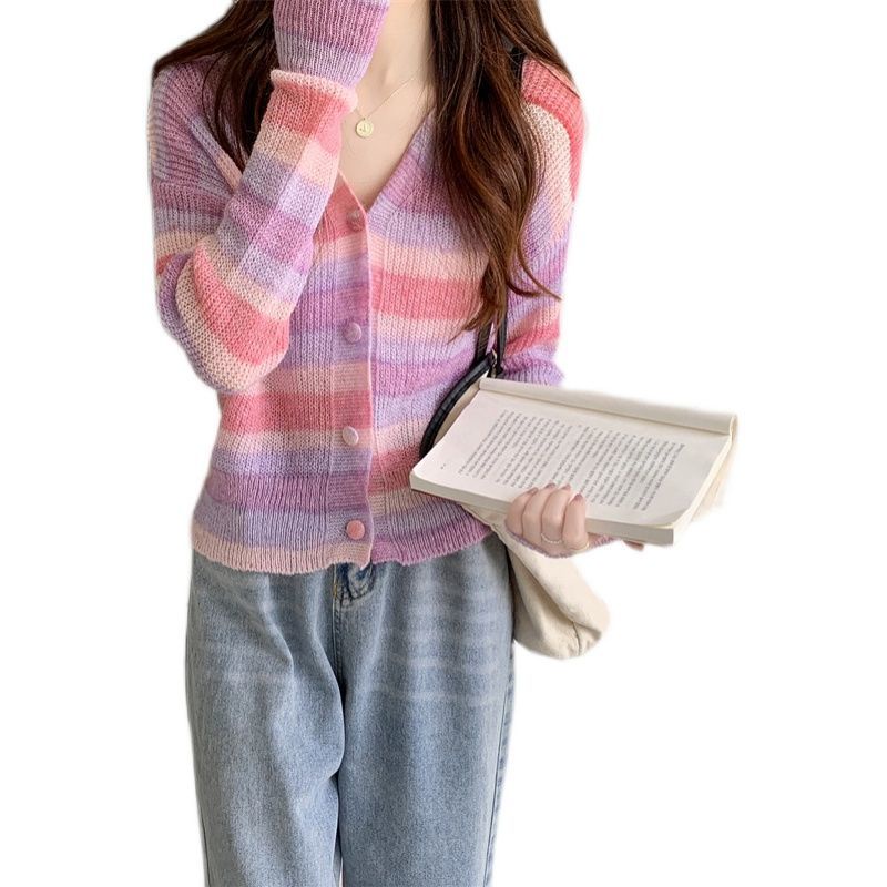 Áo cardigan Tay Dài Cổ Chữ V Form Ôm Họa Tiết Kẻ Sọc Cầu Vồng Ngọt Ngào Cho Nữ