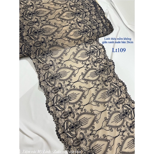 Vải lưới thêu xanh nude và hồng tím bản 26cm mềm mịn không giãn