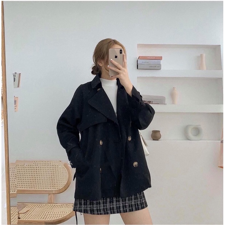 Áo mangto dáng ngắn kèm đai 2 màu