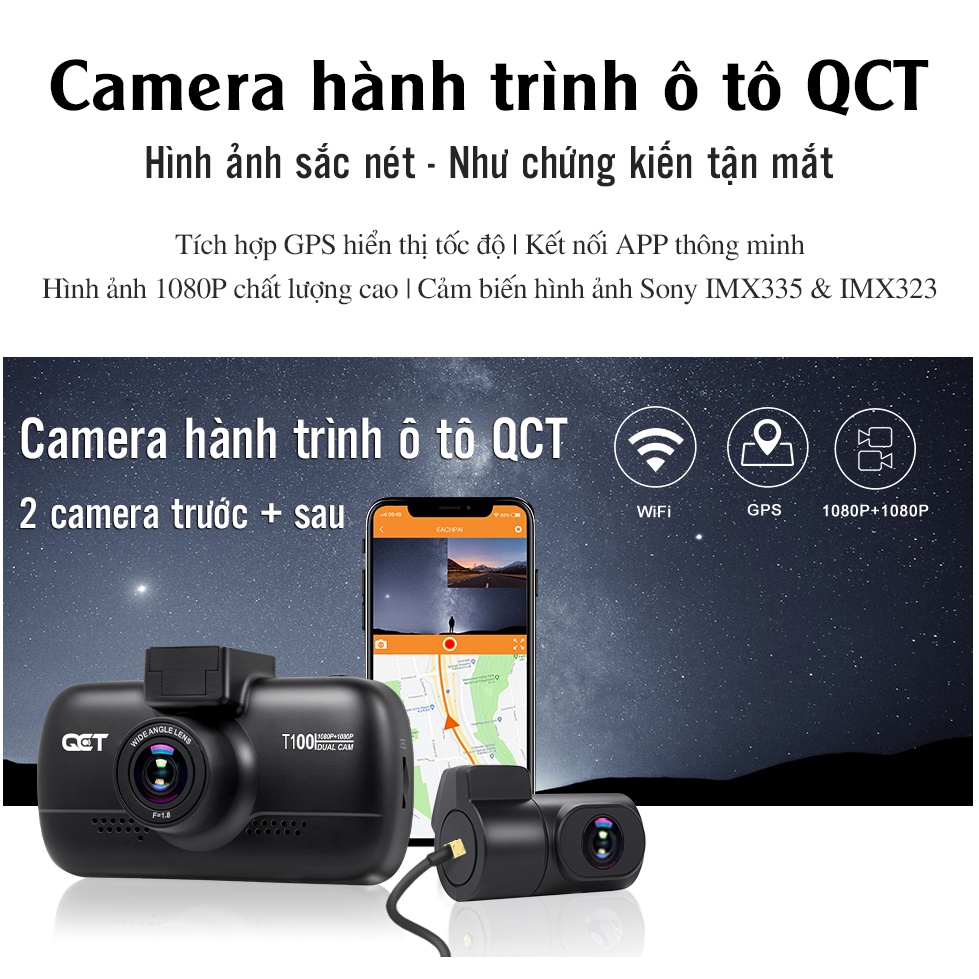 Camera hành trình ô tô trước và sau QCT có hiển thị tốc độ, kèm GPS, Bản Quốc Tế