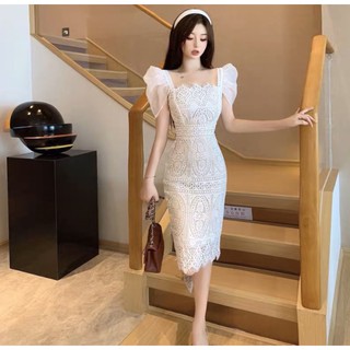 Đầm body ren tay phồng( kèm ảnh thật )